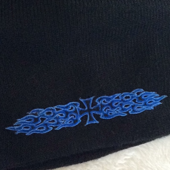 Biker Beanie Knit Hat Black with Blue Flames - Picture 2 of 2